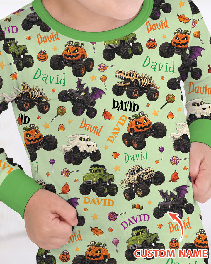 Spooky Monster Truck Custom Name Bamboo Two Piece Long Sleeve Pajama Set