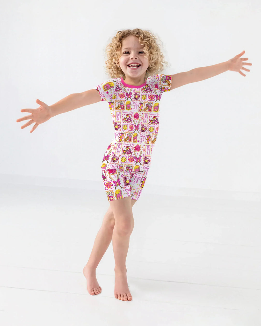 Pink Softball Game Day Bamboo Two Piece Short Sleeve Shorts Pajama Set
