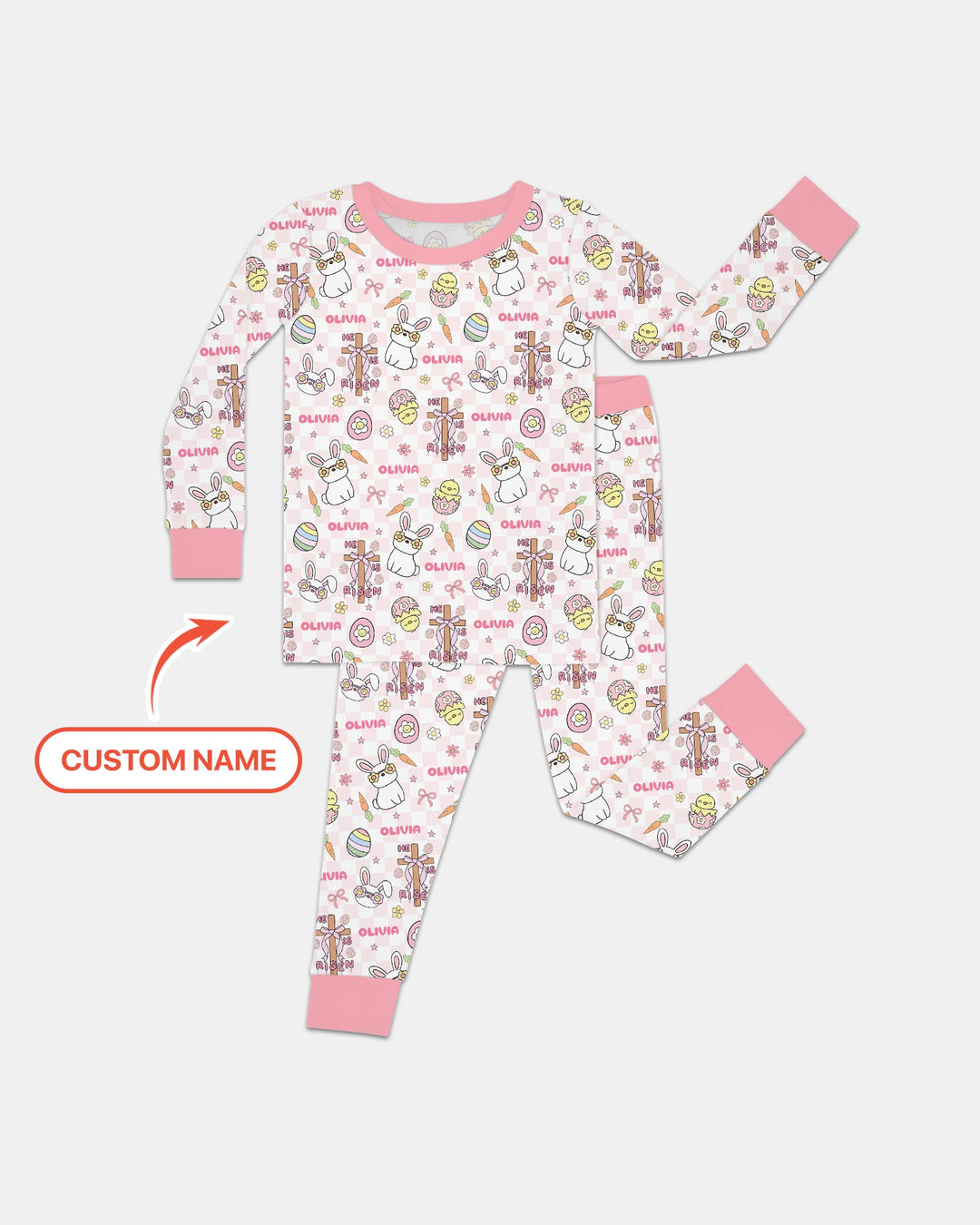 Custom Name Retro Easter Two Piece Long Sleeve Pajama Set