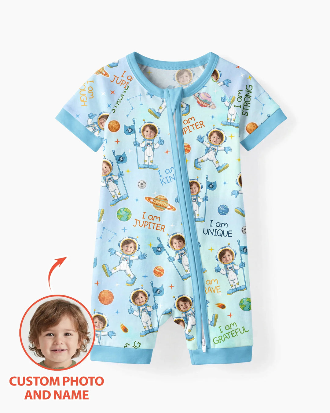 Custom Photo Kid Affirmations I Am Kind Astronaut Bamboo Shorty Zippy