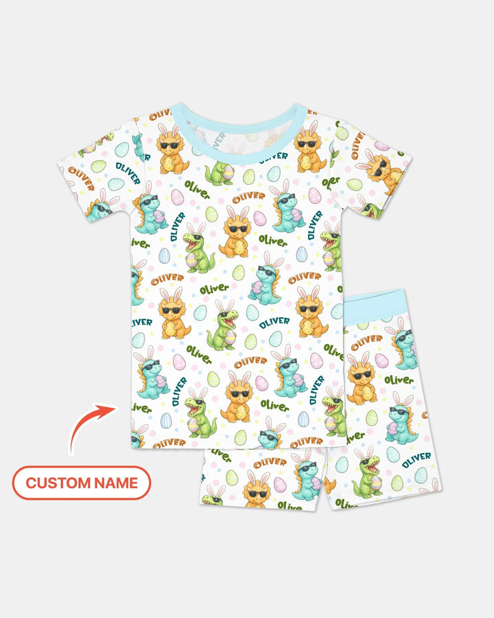 Custom Name Dinosaur on the Hunt Two Piece Short Sleeve Shorts Pajama Set