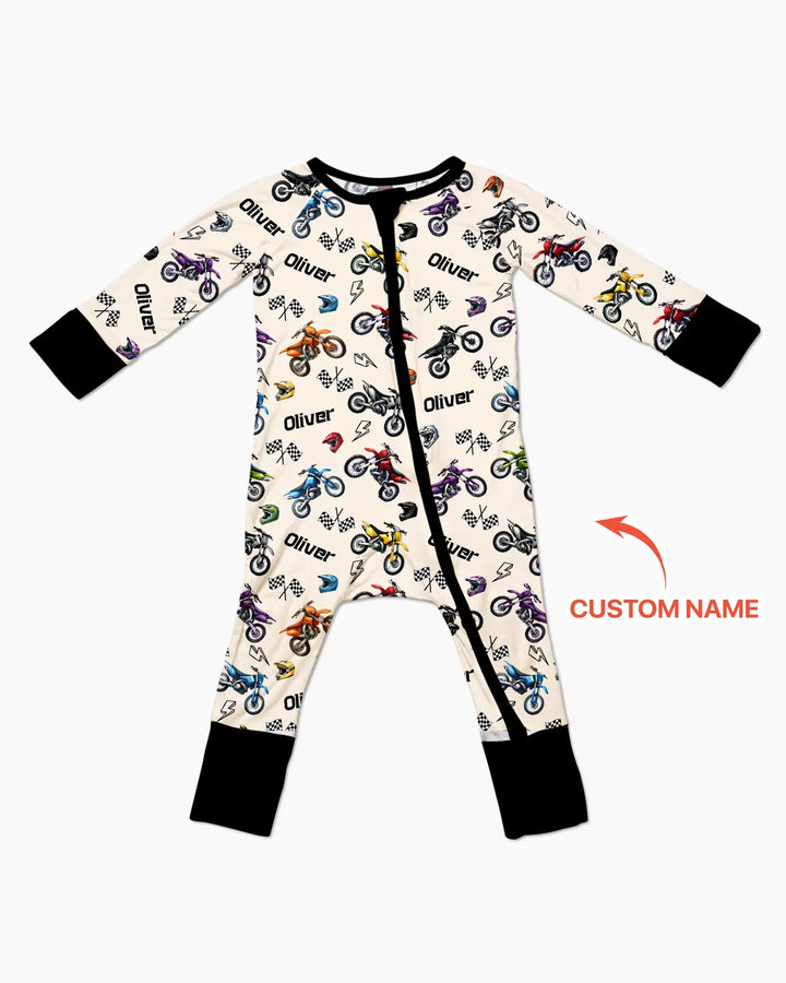 Pijama convertible de bambú con cremallera Little Dirt Bike Rider con nombre personalizado