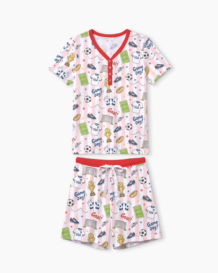Striped Soccer Game Day Family Matching Bamboo Women Short Sleeve Short Pajama Set
