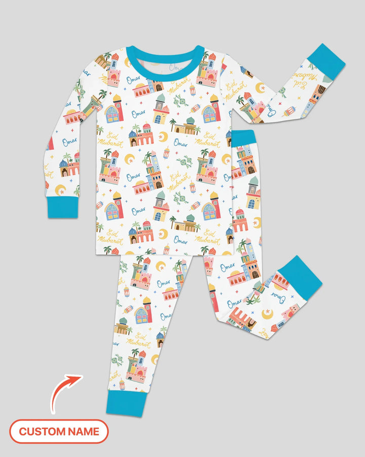 Eid Mubarak Custom Name Two Piece Long Sleeve Pajama Set