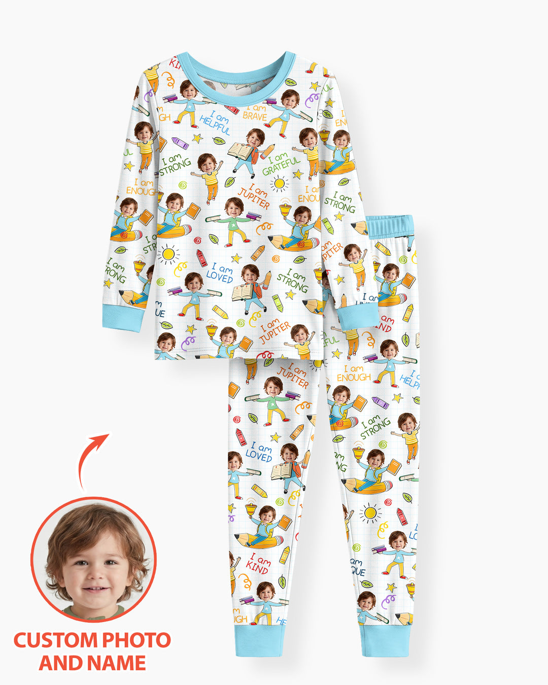 Custom Photo Kid Affirmations I Am Kind Bamboo Two Piece Long Sleeve Pajama Set