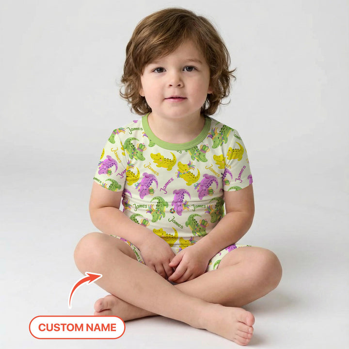 Custom Name Mardi Gras Alligator Two Piece Short Sleeve Shorts Pajama Set