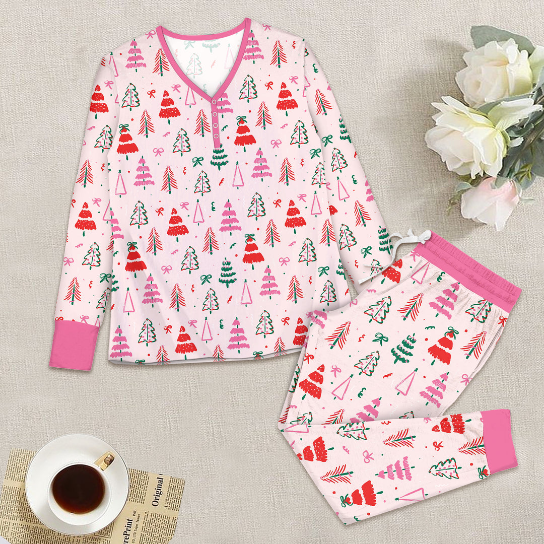 Pink Christmas Tree Farm Women Pajama Set
