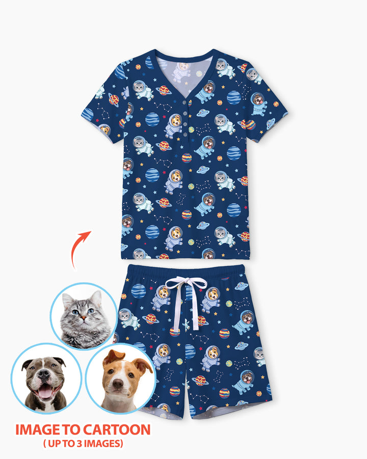 Astronaut Custom Pet Image Family Matching Bamboo Women Short Sleeve Short Pajama Set