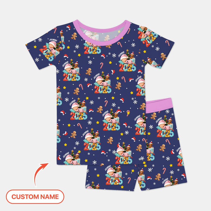 Custom Name Baby Girl's First Christmas Two Piece Short Sleeve Shorts Pajama Set