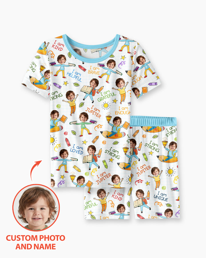 Custom Photo Kid Affirmations I Am Kind Bamboo Two Piece Short Sleeve Shorts Pajama Set