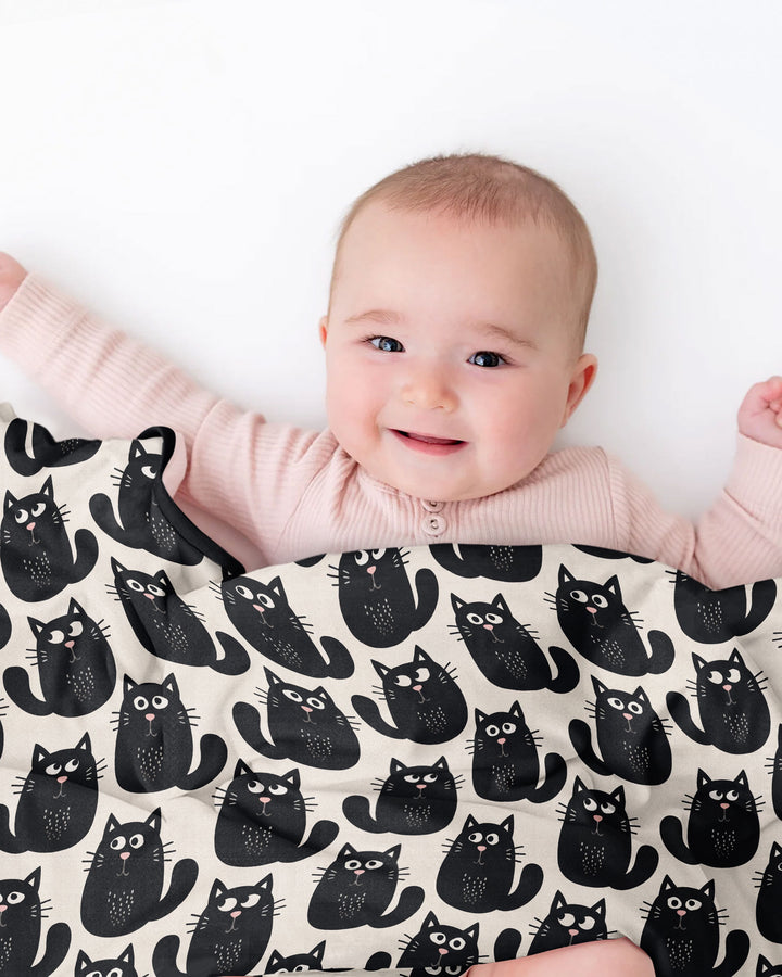 Moody Black Cats in Black and White Bamboo Blanket