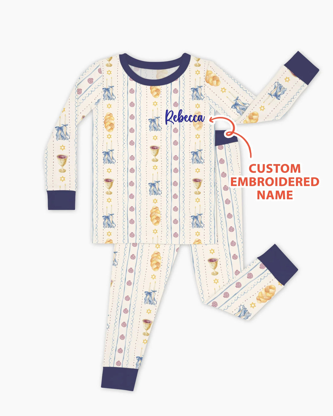 Custom Embroidered Name Shabbat Matching With Mom Bamboo Two Piece Long Sleeve Pajama Set