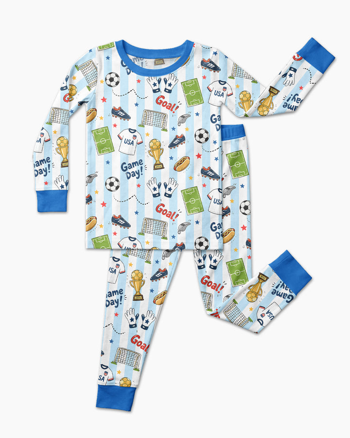 Striped Soccer Game Day Family Matching Bamboo Two Piece Long Sleeve Pajama Set