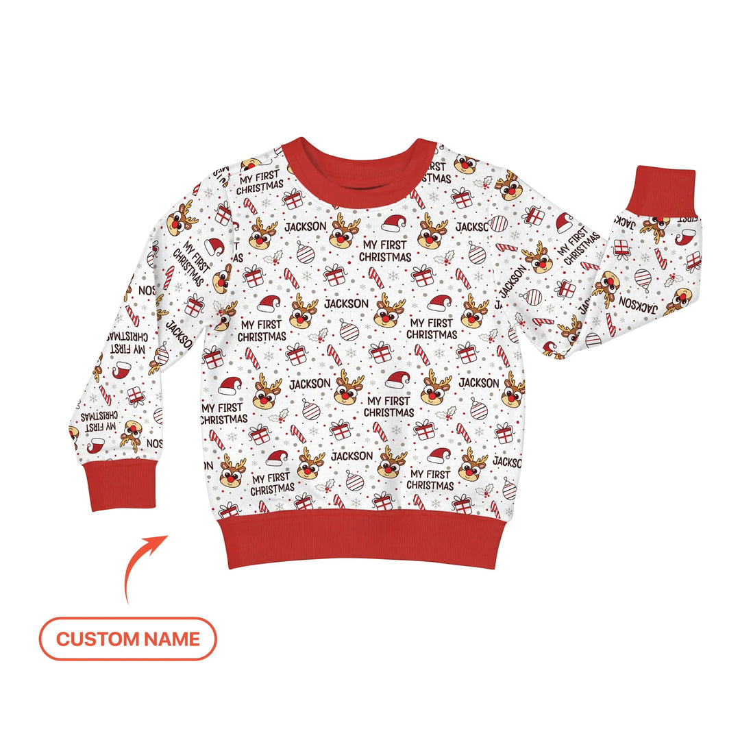Custom Name Reindeer Doodle My First Christmas Crewneck Sweatshirt