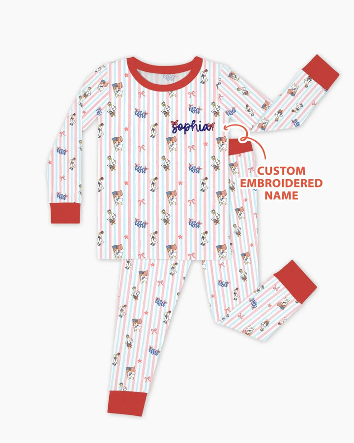 Personalized Cute Goose America 250 Embroidered Bamboo Two Piece Long Sleeve Pajama Set