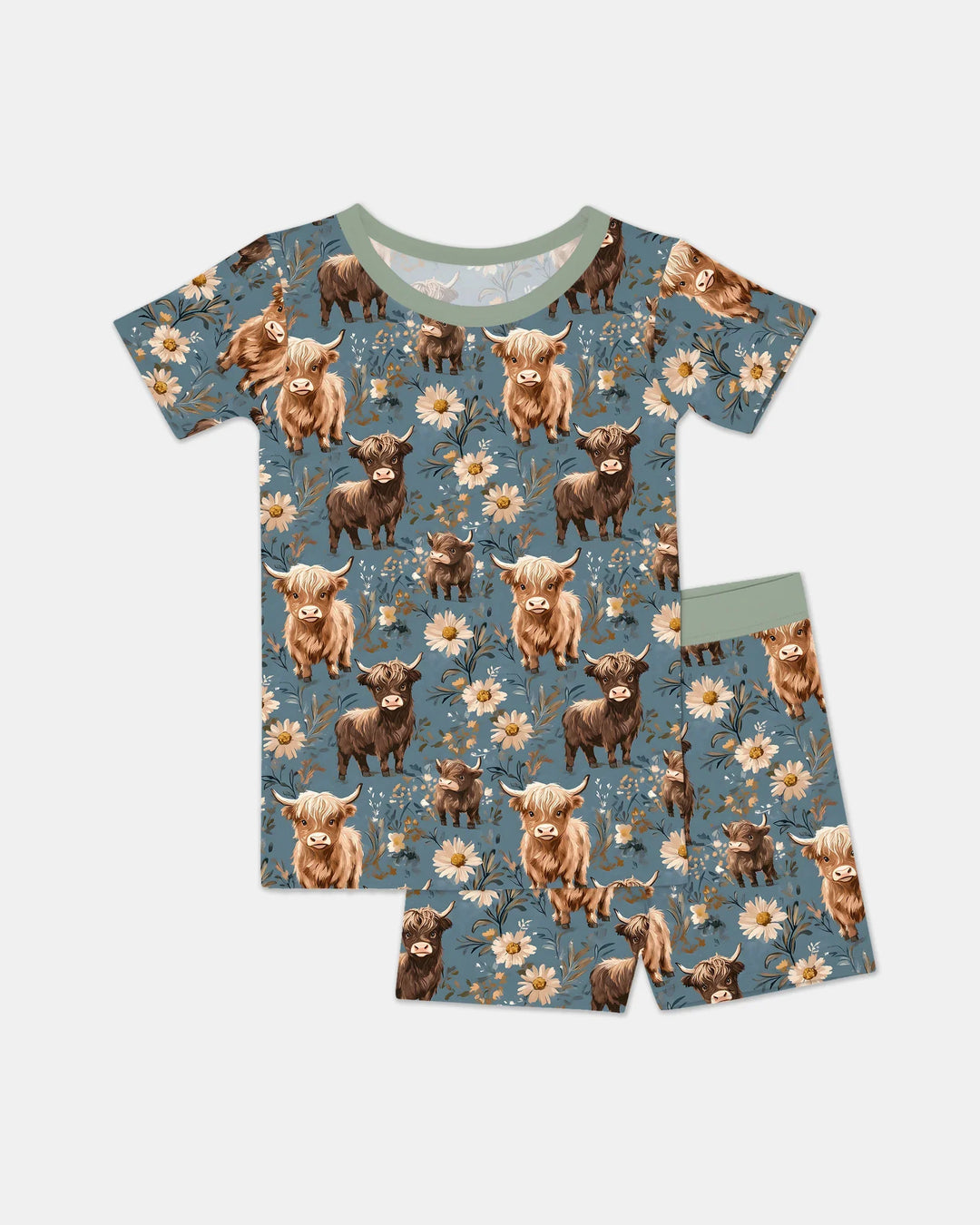Majestuoso conjunto de pijama de dos piezas de bambú con manga corta y shorts a juego para la familia de vacas Highland