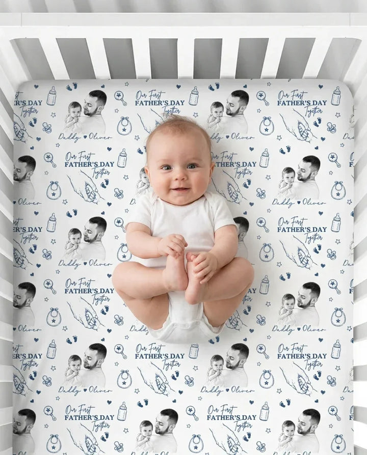 Custom Photo Our First Father's Day Together Bamboo Fitted Crib Sheet