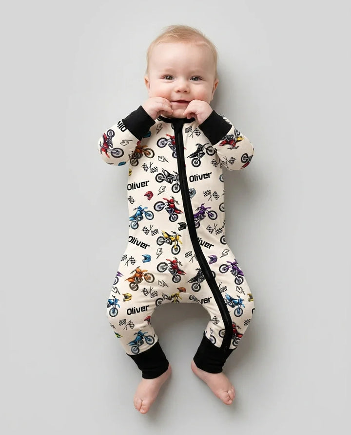 Pijama convertible de bambú con cremallera Little Dirt Bike Rider con nombre personalizado
