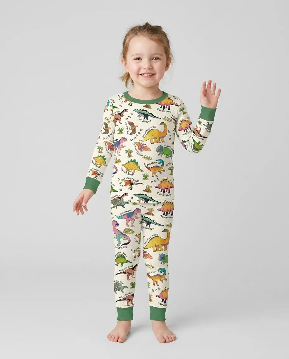 Conjunto de pijama de bambú de dos piezas de manga larga con estampados de dinosaurios