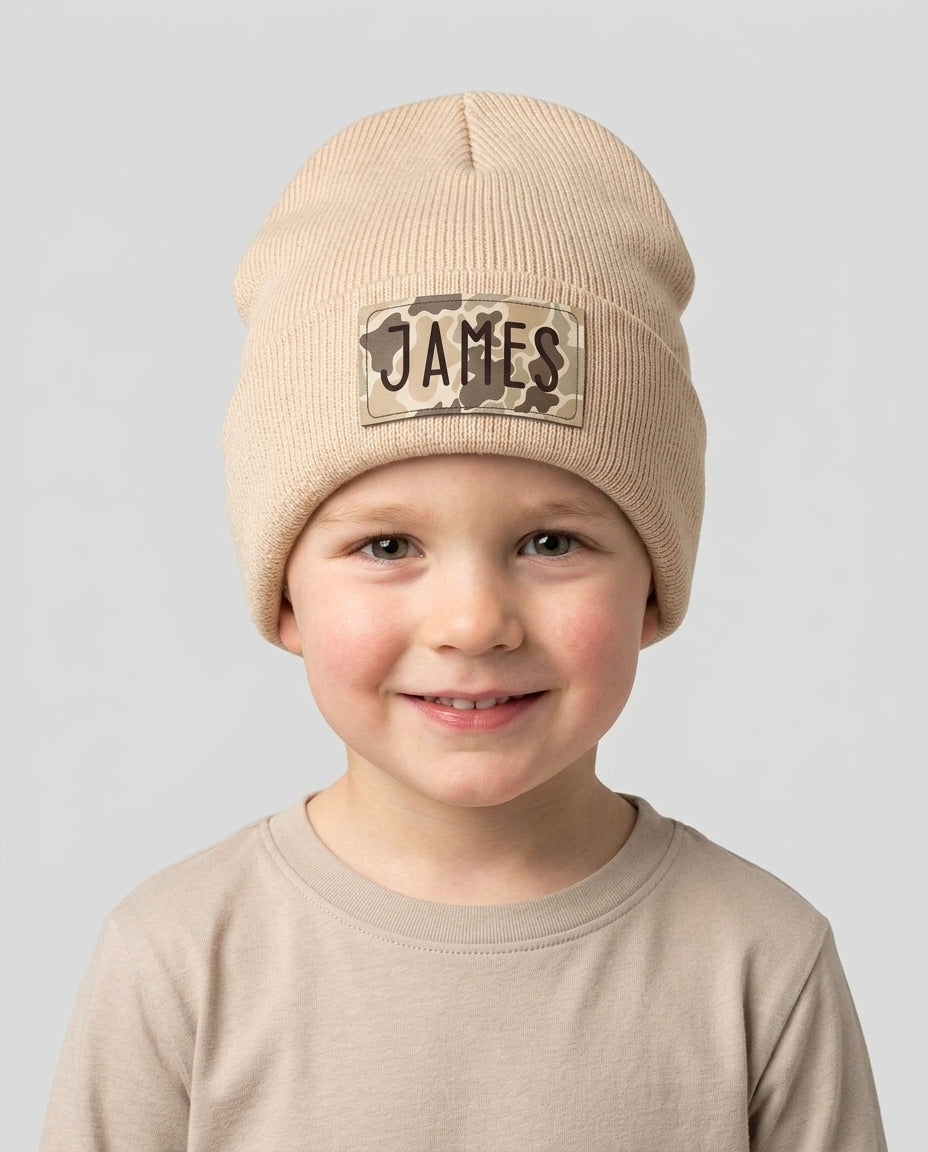Custom Name Camo Leather Patch Beanie