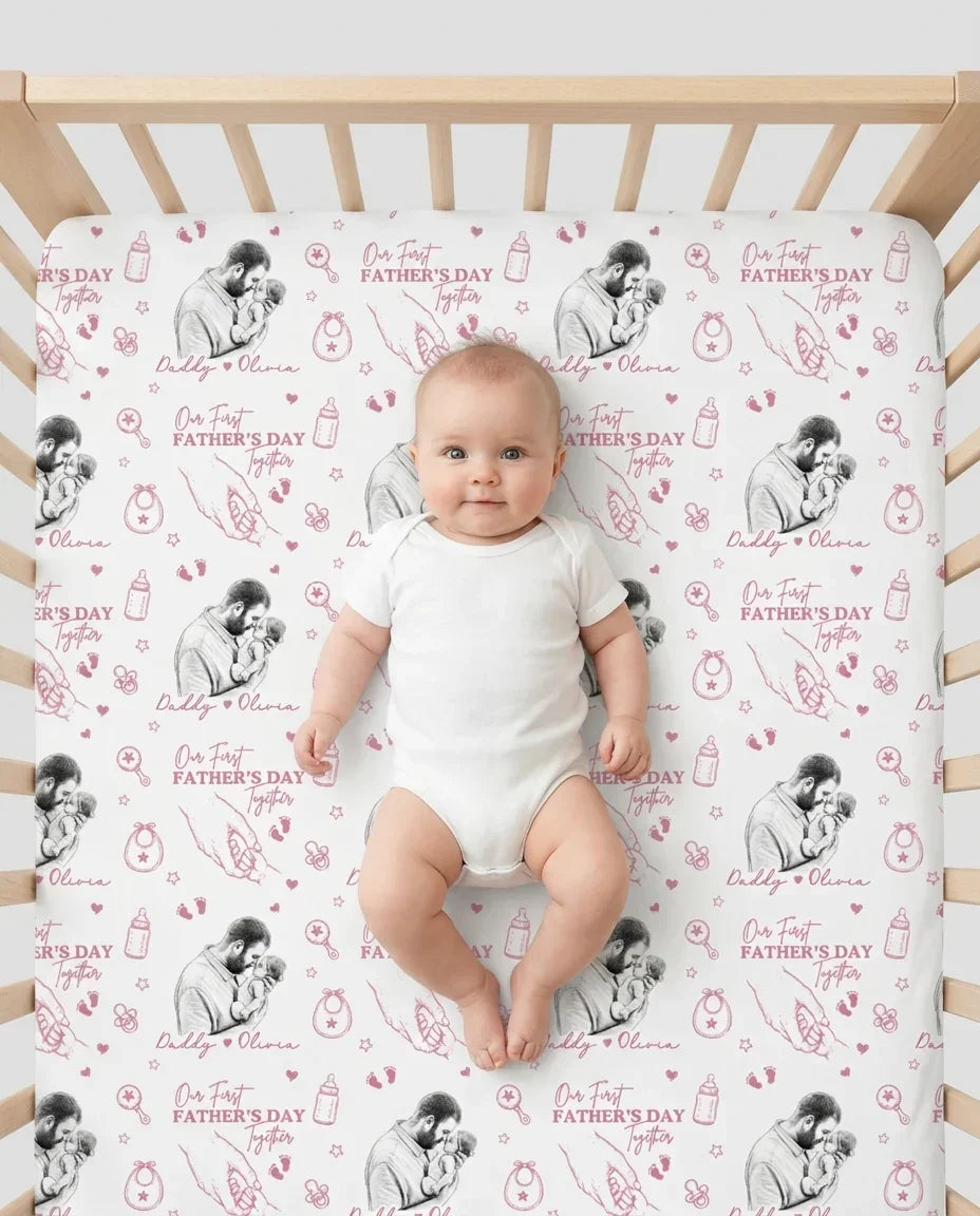 Custom Photo Our First Father's Day Together Bamboo Fitted Crib Sheet