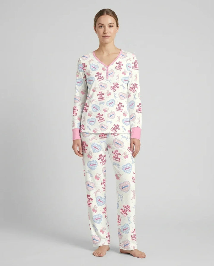 He Loved Us First Custom Name Bamboo Women Pajama Set