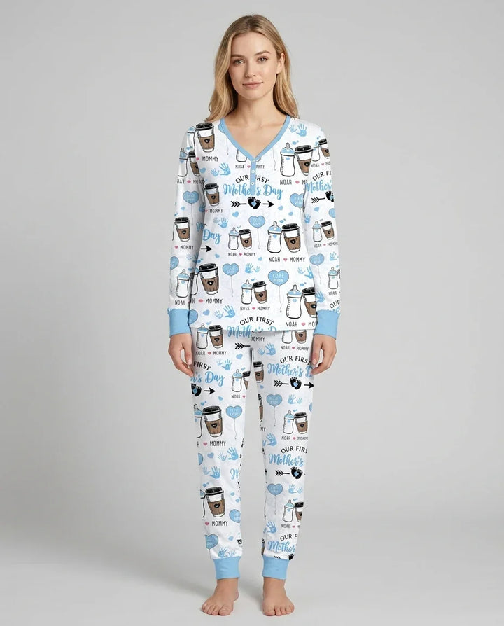 Custom Name First Mother's Day Drink Bamboo Women Pajama Set