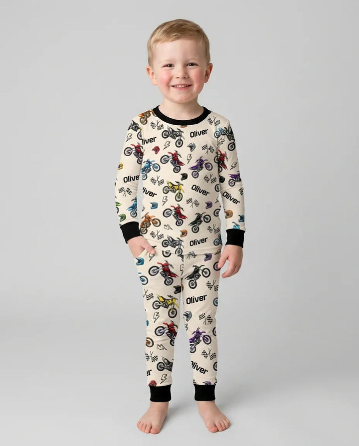 Custom Name Little Dirt Bike Rider Bamboo Two Piece Long Sleeve Pajama Set