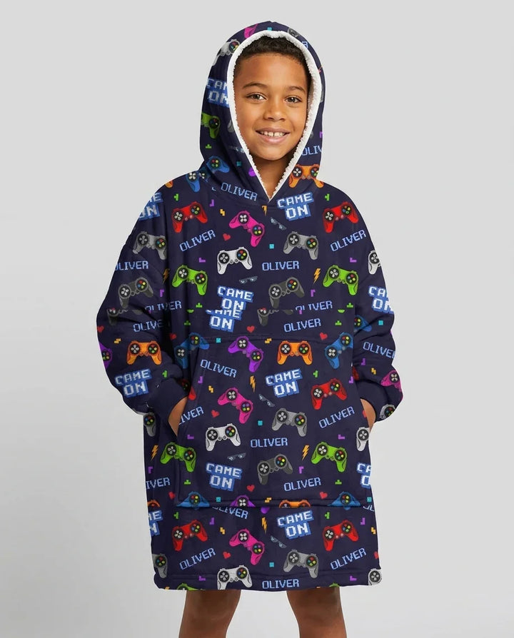Sudadera con capucha y manta de bambú a juego para la familia con nombre personalizado "Game On"