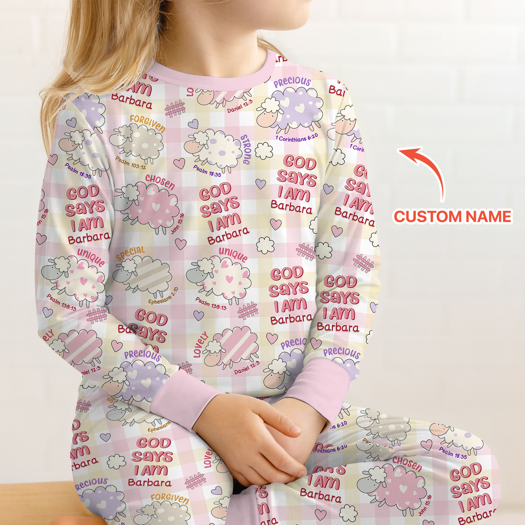 Little Lamb God Says I Am Custom Name Long Sleeve Pajama Set
