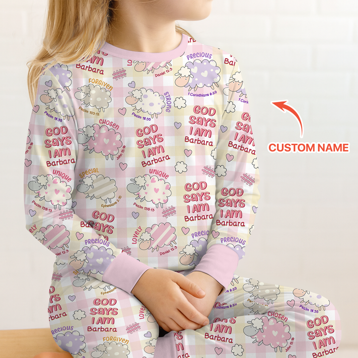 Little Lamb God Says I Am Custom Name Long Sleeve Pajama Set