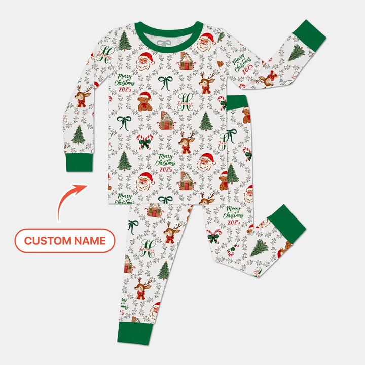 Custom name "Fancy Monogram Green Christmas 2025" Two Piece Long Sleeve Pajama Set