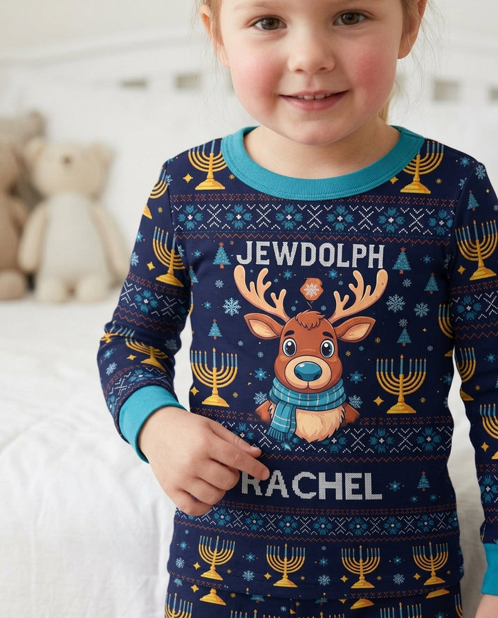 Custom Name Jewdolph Hanukkah Bamboo Two Piece Long Sleeve Pajama Set