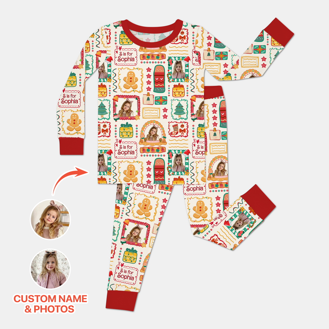 Custom Photo Christmas Frame Custom Name Two Piece Long Sleeve Pajama Set