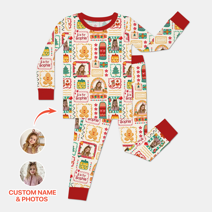 Custom Photo Christmas Frame Custom Name Two Piece Long Sleeve Pajama Set