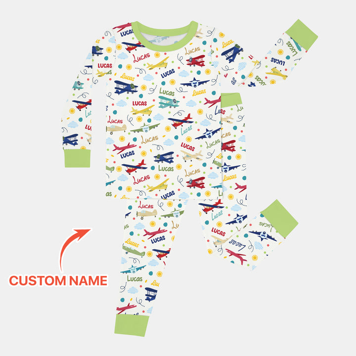 Custom Name Air Transport Two Piece Long Sleeve Pajama Set