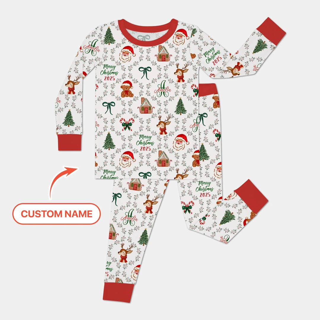 Custom name "Fancy Monogram Red Christmas 2025" Two Piece Long Sleeve Pajama Set