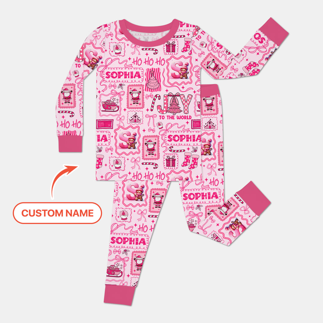Custom Name Preppy Pink Christmas Two Piece Long Sleeve Pajama Set