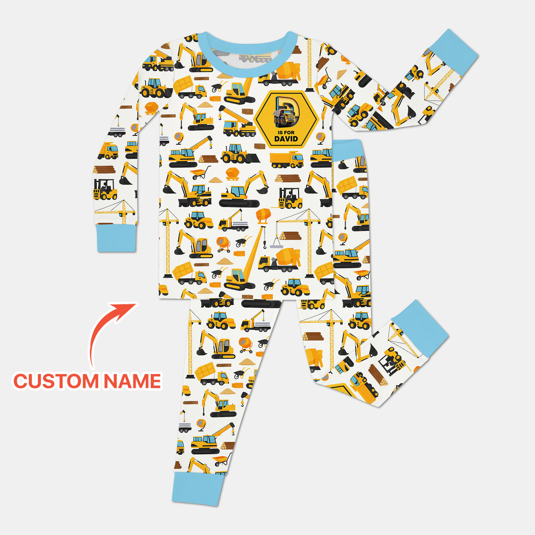 Custom Name Construction Initials Two Piece Long Sleeve Pajama Set