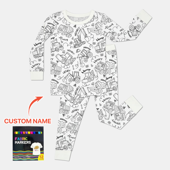Construction Vehicules Custom Name Colorable Two Piece Long Sleeve Pajama Set