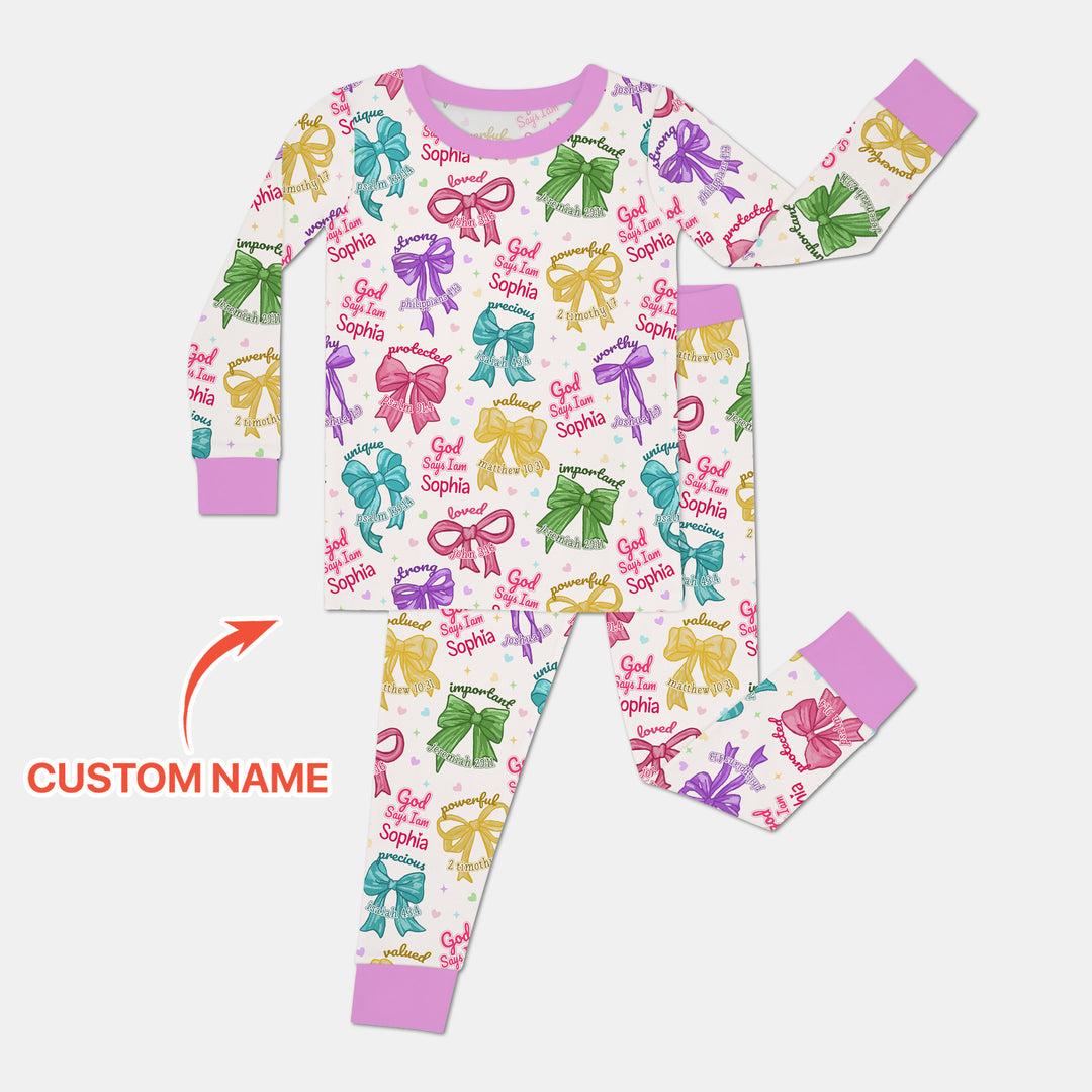 God Says I Am Bow Blessings Custom Name Two Piece Long Sleeve Pajama Set