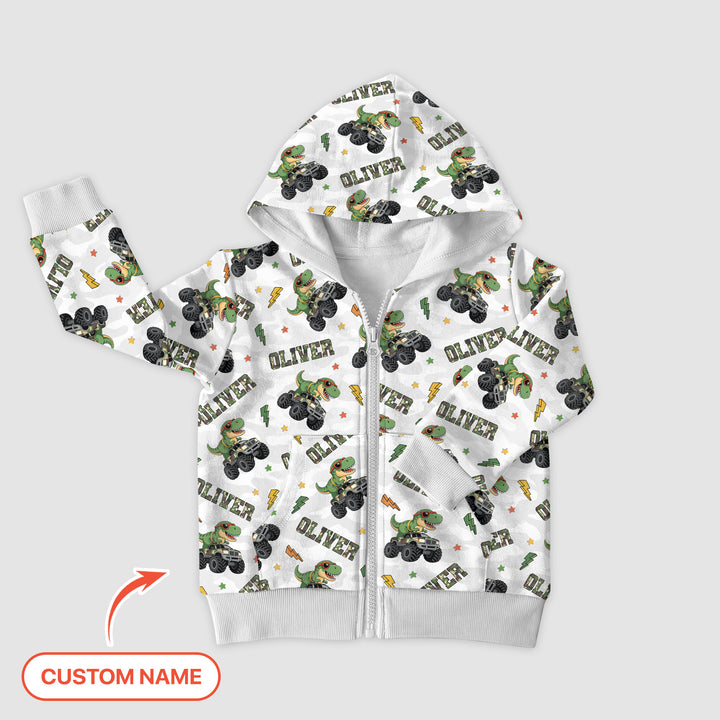 Custom Name Camo Trucker Dino Zip Hoodie