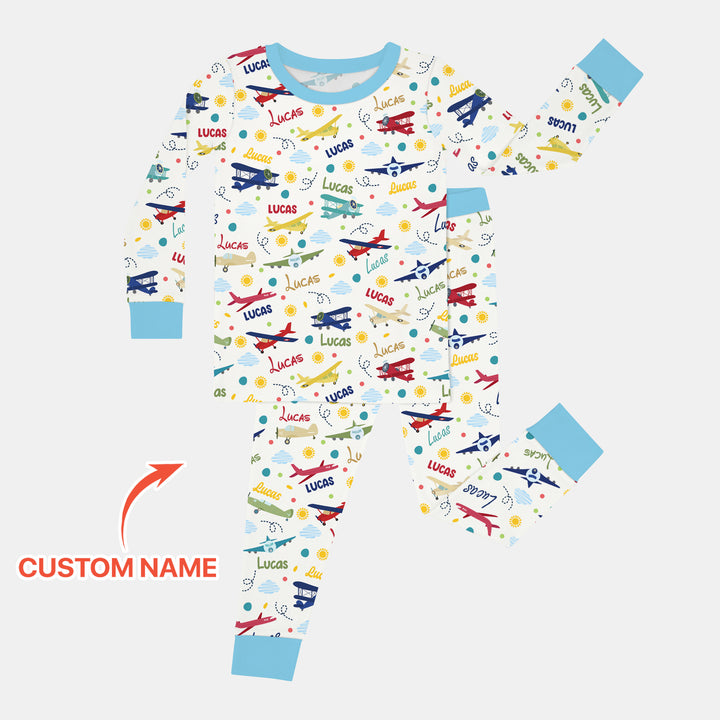Custom Name Air Transport Two Piece Long Sleeve Pajama Set
