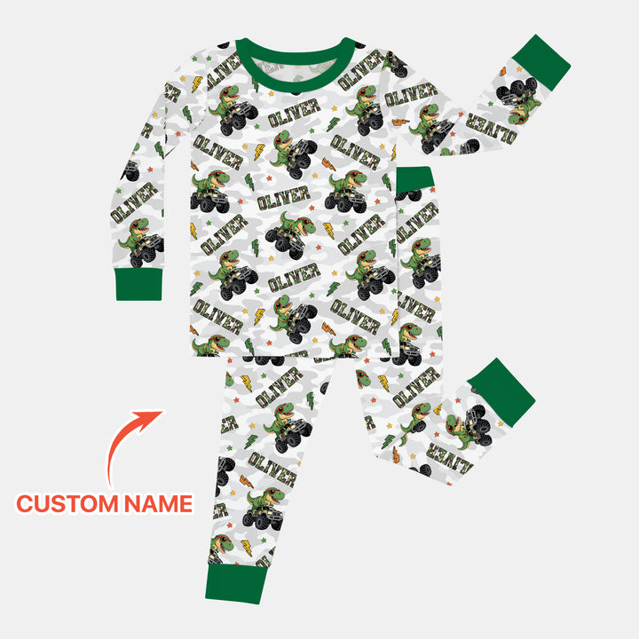 Custom Name Camo Trucker Dino Two Piece Long Sleeve Pajama Set