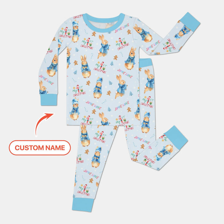 Custom 1st Christmas Rabbit Two Piece Long Sleeve Pajama Set , Custom 1st Christmas Rabbit Two Piece Long Sleeve Pajama Set - 12-18M