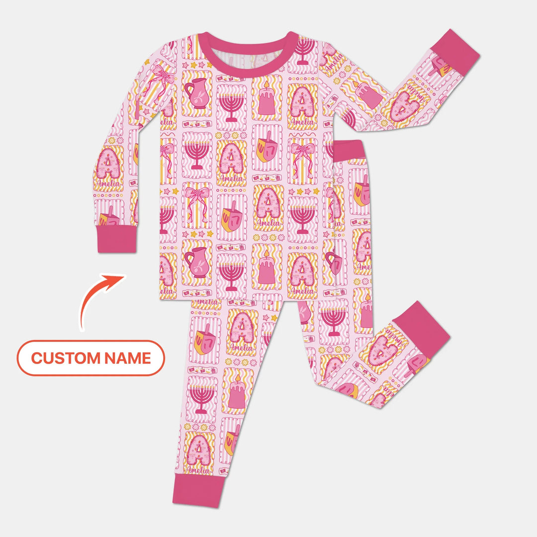 Custom Name Hanukkah Wonderland Two Piece Long Sleeve Pajama Set