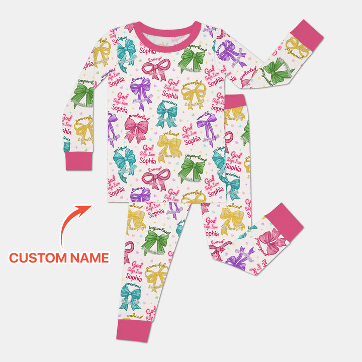 God Says I Am Bow Blessings Custom Name Two Piece Long Sleeve Pajama Set