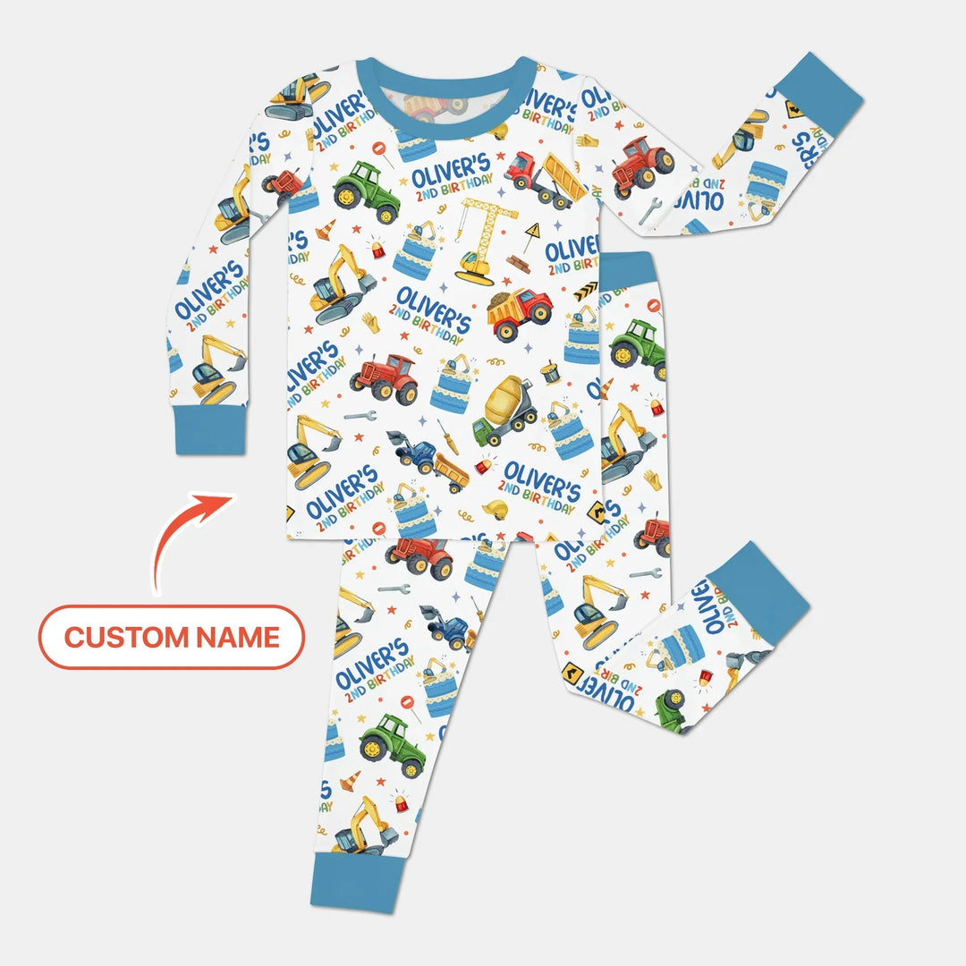 Custom Name Little Builder's Birthday Two Piece Long Sleeve Pajama Set