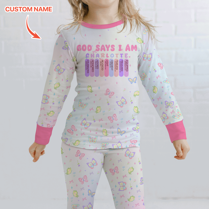 Personalized Butterfly Blessings God Says I Am Two Piece Long Sleeve Pajama Set