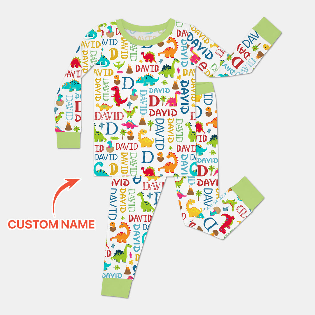 Personalized Fantasy Dinosaur Word Two Piece Long Sleeve Pajama Set